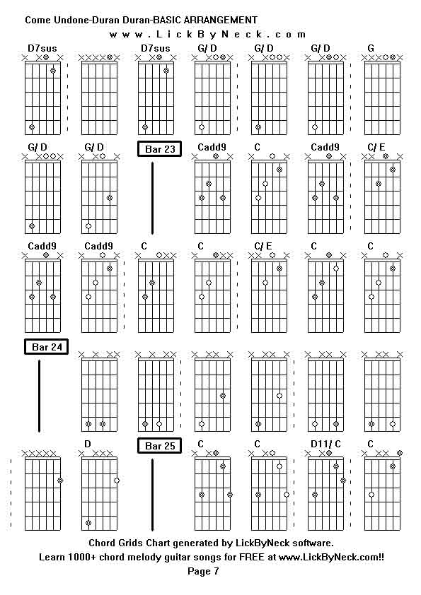 Chord Grids Chart of chord melody fingerstyle guitar song-Come Undone-Duran Duran-BASIC ARRANGEMENT,generated by LickByNeck software.